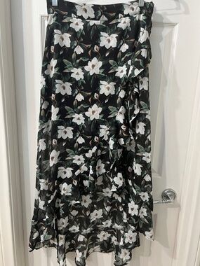 Blue Rain Black Floral Midi Hi-Low Skirt with White Blooms